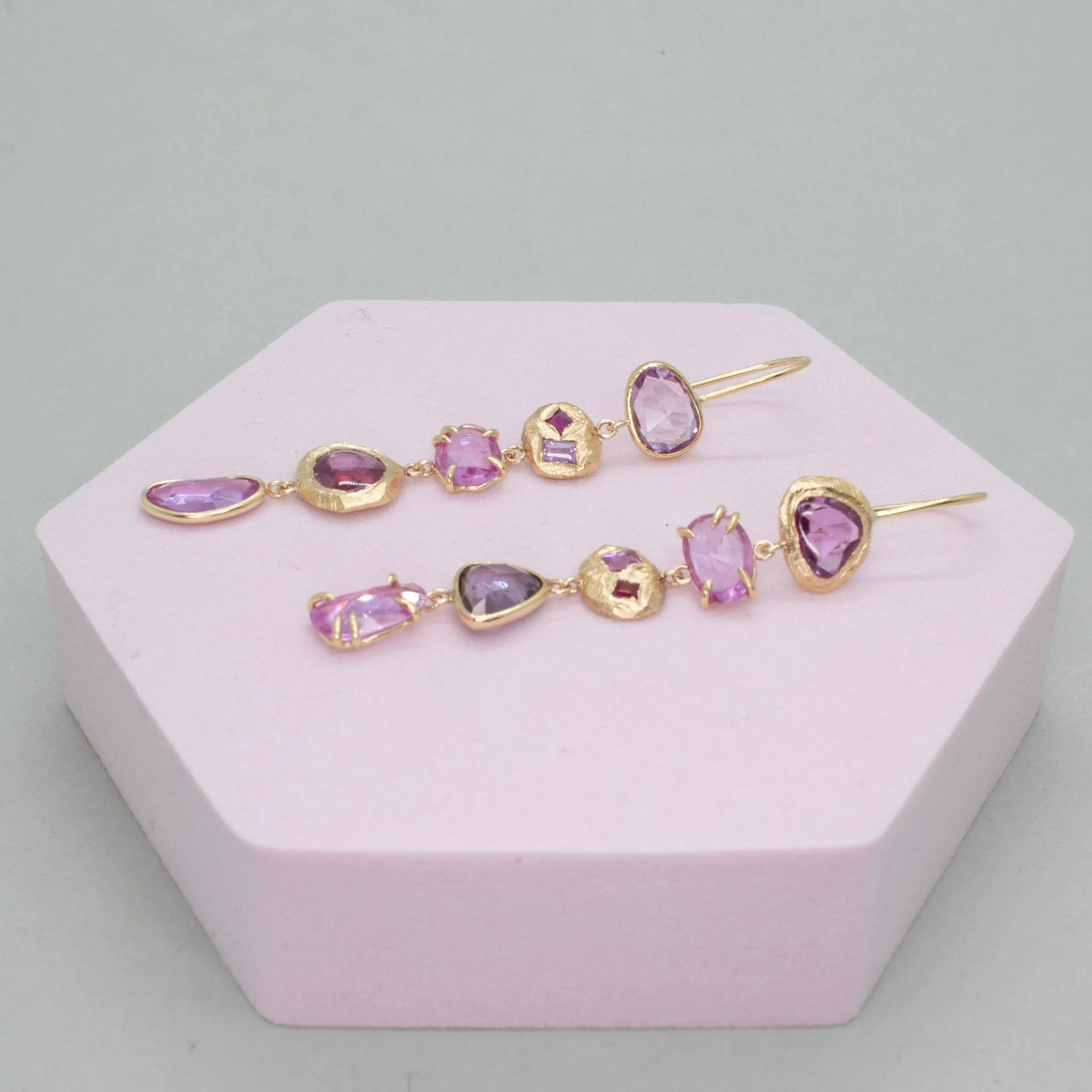 18K Five Drop Geometric Earrings In Ombre Pink Sapphires