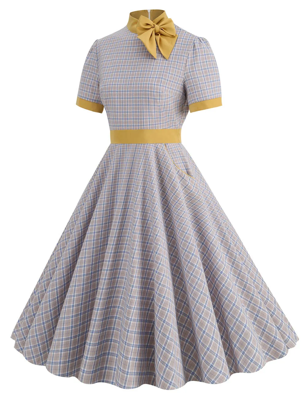 1950s Bow Collar Plaid Vintage Swing Dress