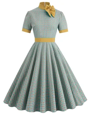 1950s Bow Collar Plaid Vintage Swing Dress