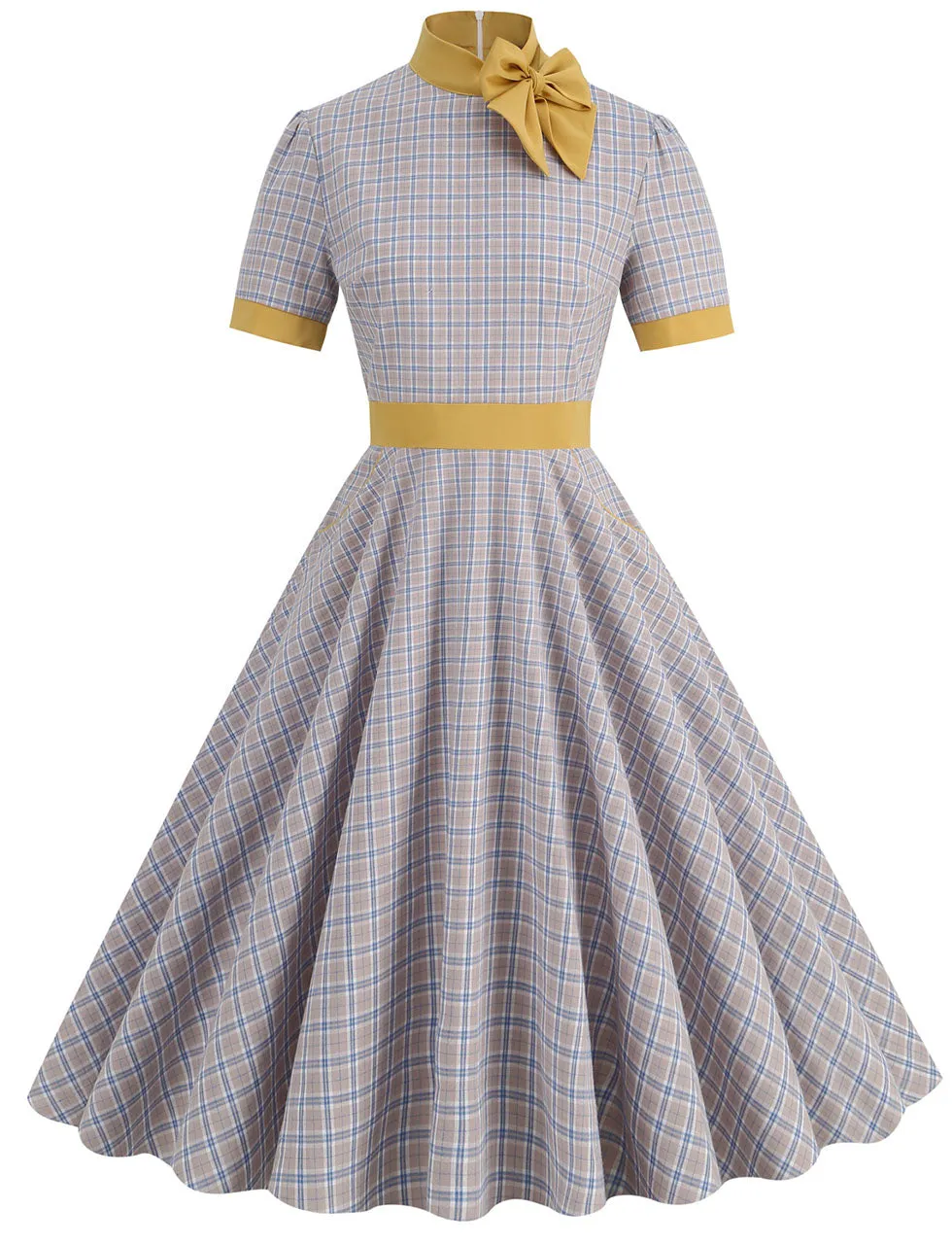 1950s Bow Collar Plaid Vintage Swing Dress