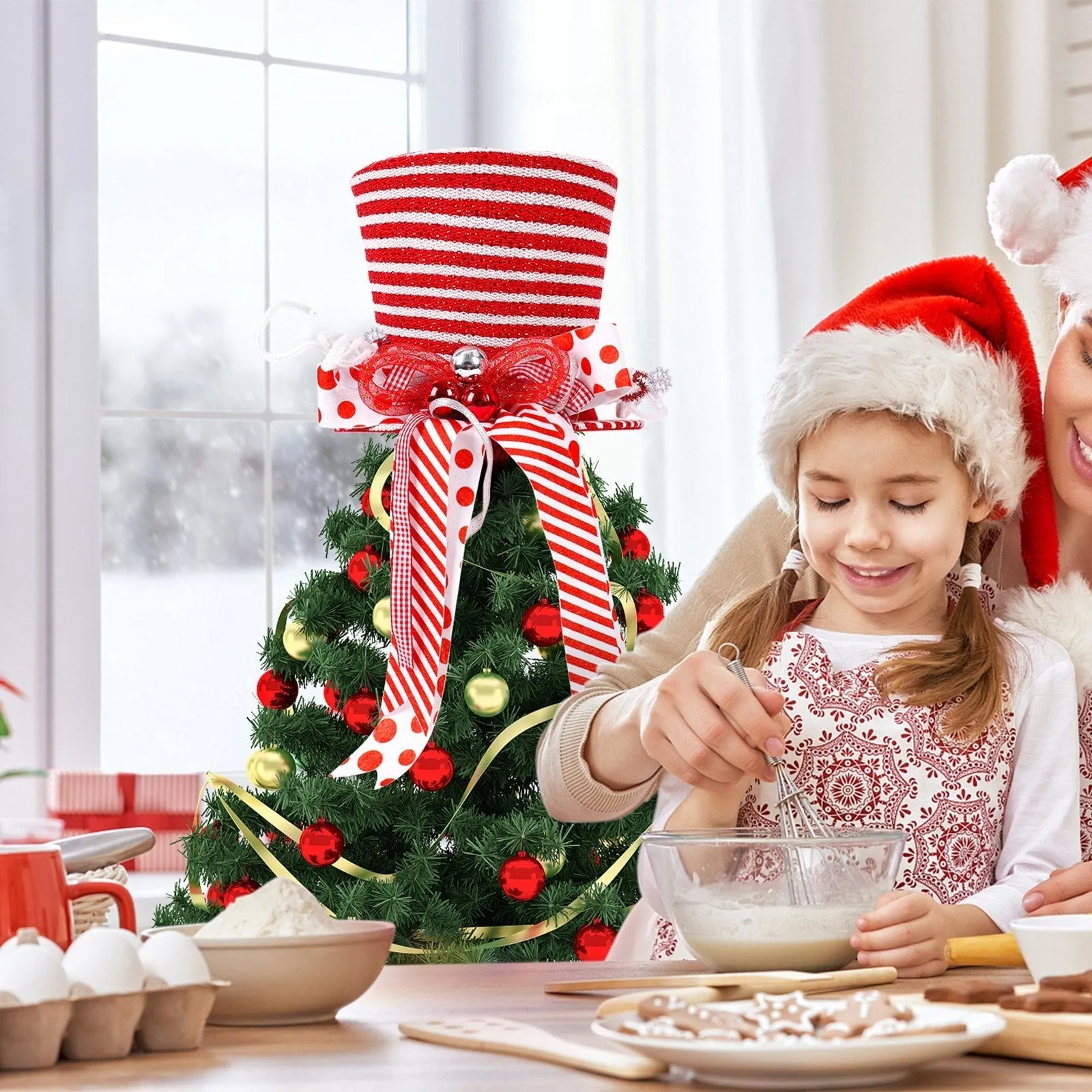 1pc Festive Christmas Tree Topper - Large Red and White Striped Top Hat with Candy Cane Bow, Polyester, Non-Electric, Battery-Free, Holiday Ornament for Home and Office Christmas Tree Decoration