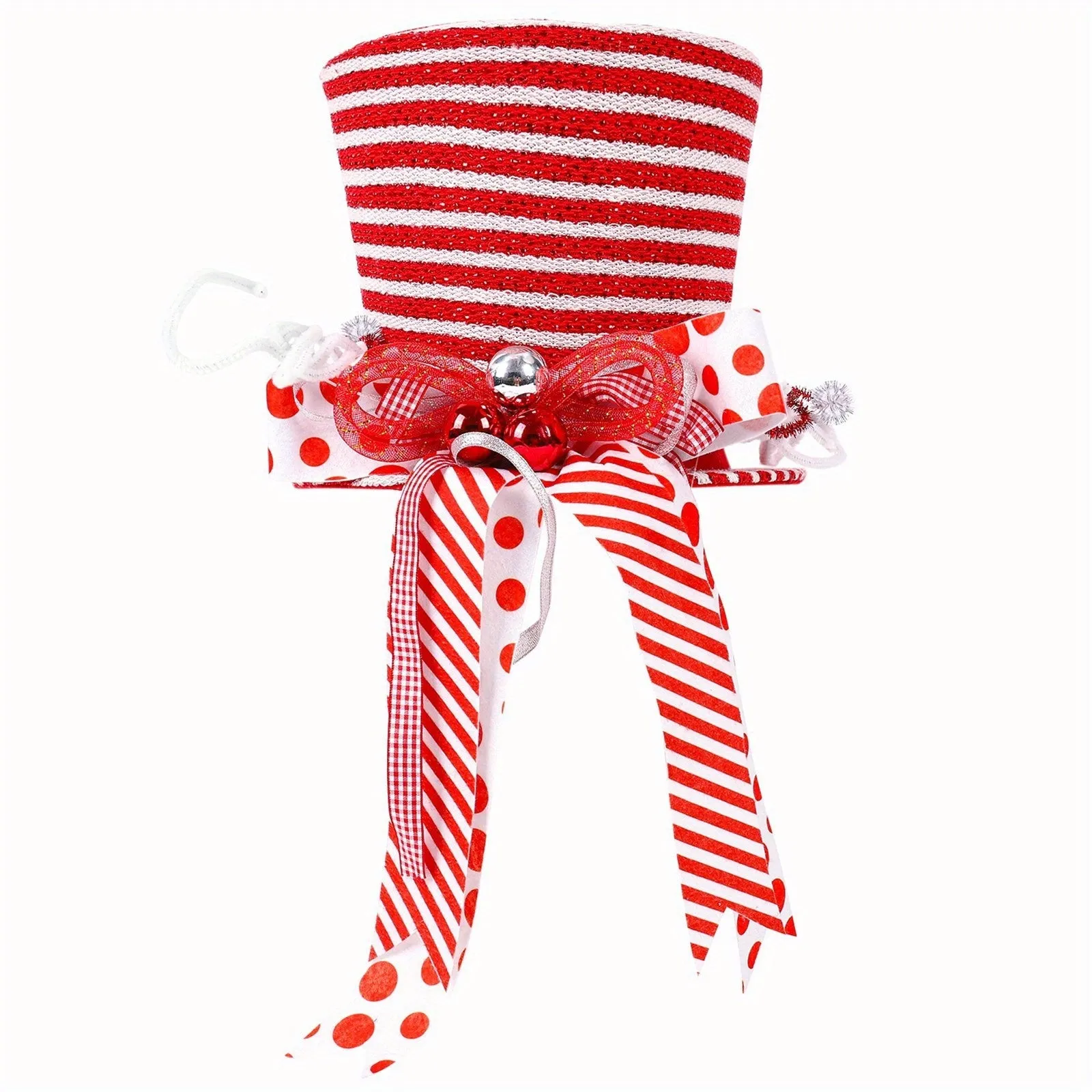 1pc Festive Christmas Tree Topper - Large Red and White Striped Top Hat with Candy Cane Bow, Polyester, Non-Electric, Battery-Free, Holiday Ornament for Home and Office Christmas Tree Decoration