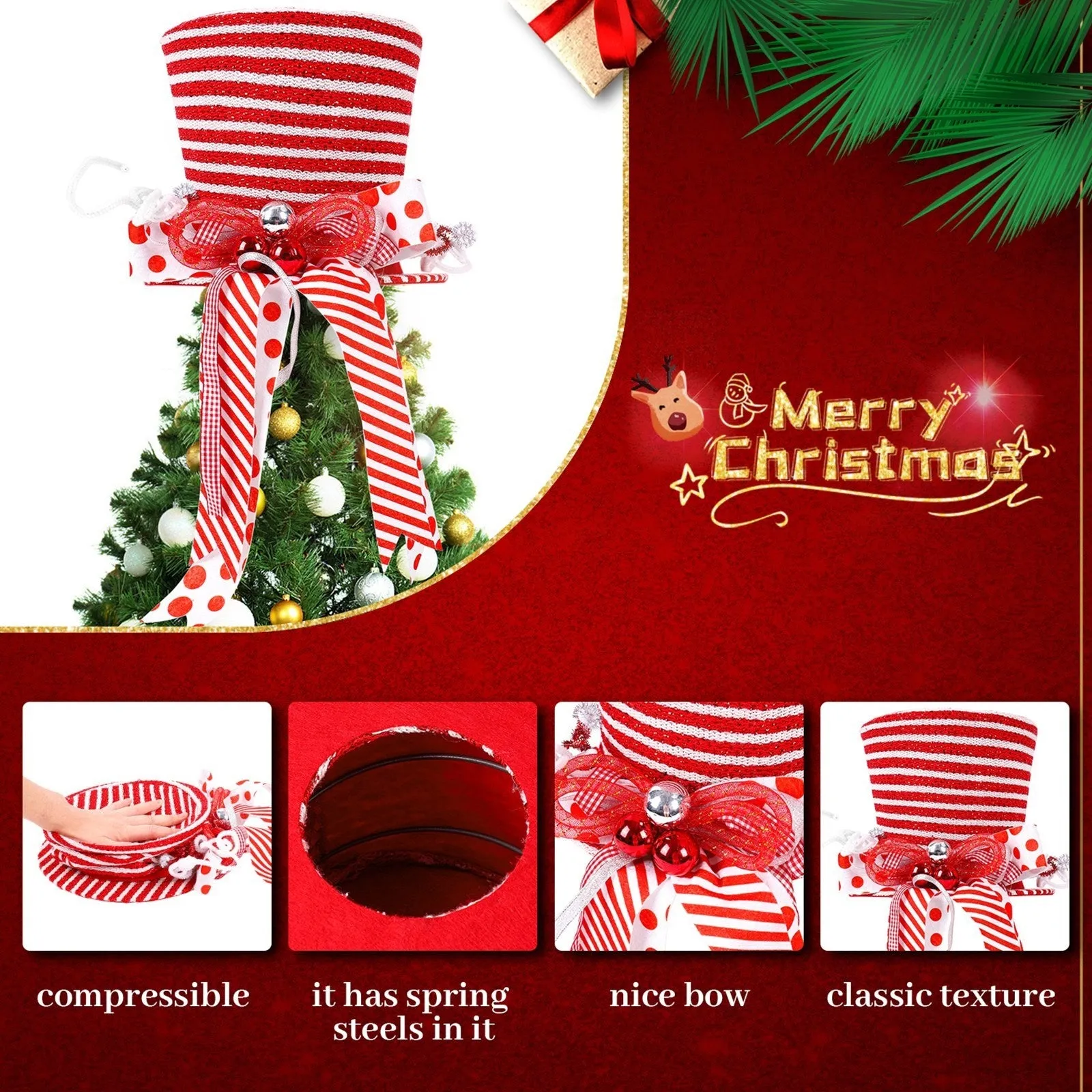 1pc Festive Christmas Tree Topper - Large Red and White Striped Top Hat with Candy Cane Bow, Polyester, Non-Electric, Battery-Free, Holiday Ornament for Home and Office Christmas Tree Decoration