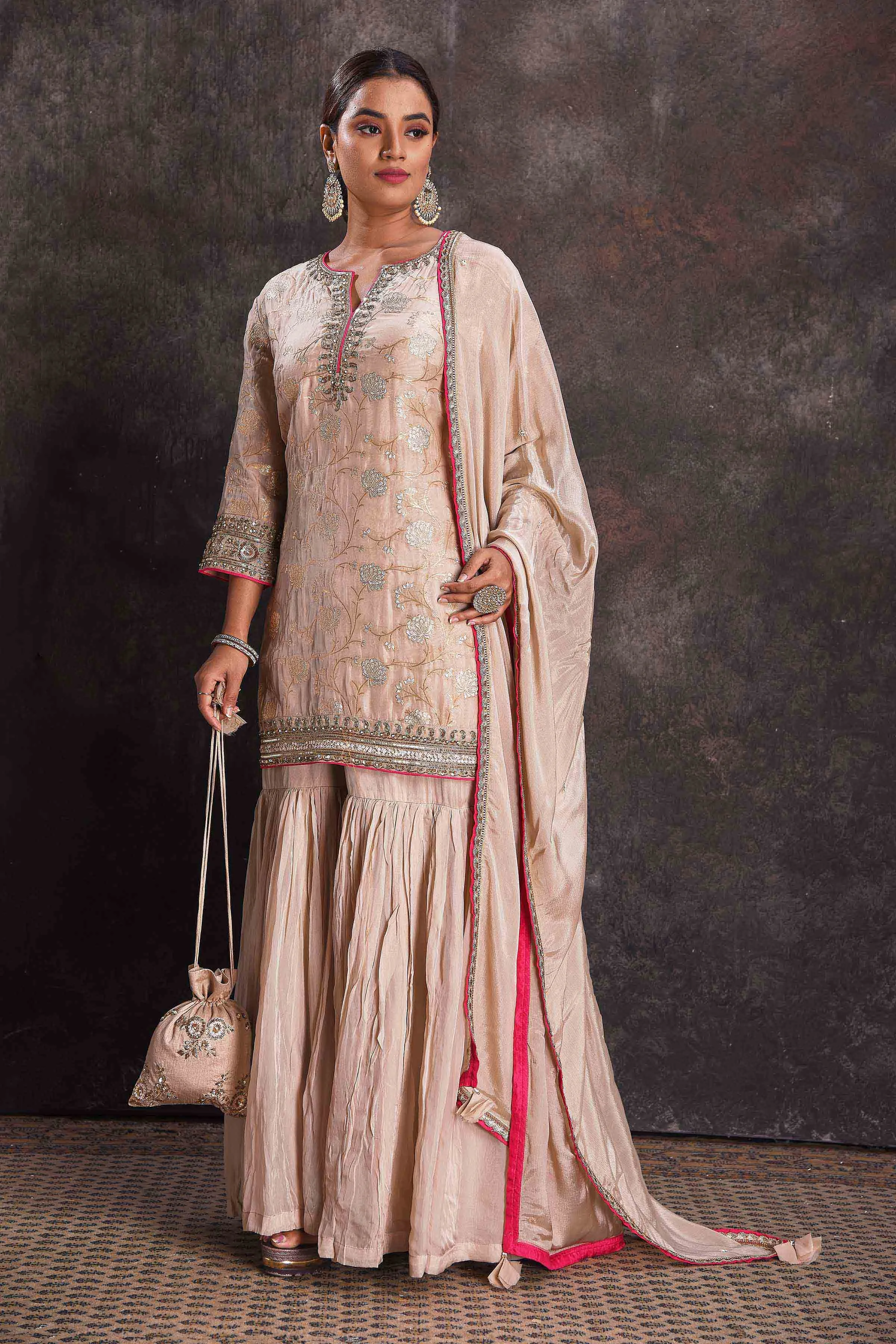 503319 Powder Pink Designer Embroidered Sharara Suit