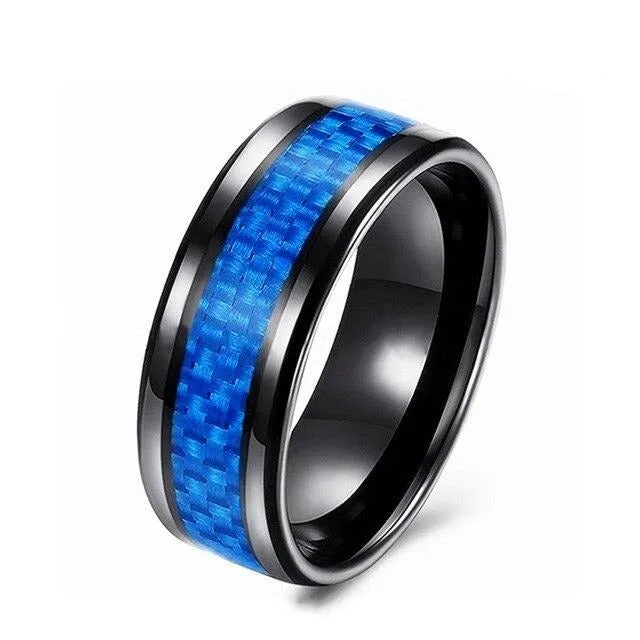 8mm Blue Carbon Fiber Inlay and Blue Cubic Zirconia Claddagh Wedding Bands Set