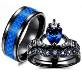 8mm Blue Carbon Fiber Inlay and Blue Cubic Zirconia Claddagh Wedding Bands Set