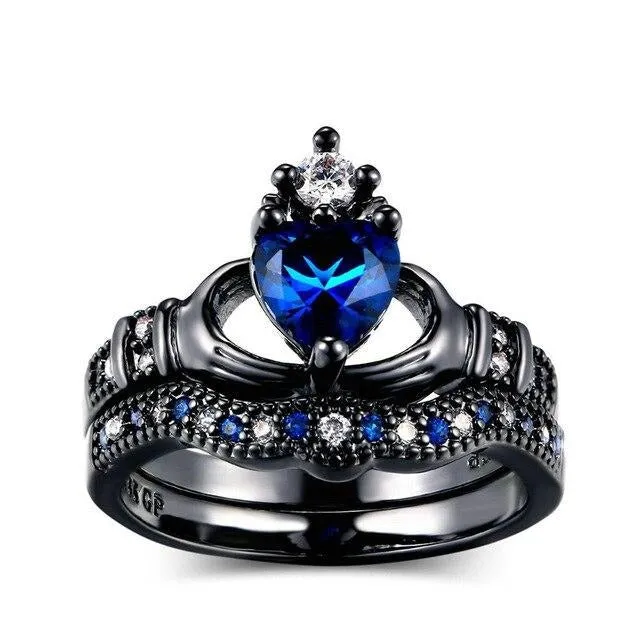 8mm Blue Carbon Fiber Inlay and Blue Cubic Zirconia Claddagh Wedding Bands Set