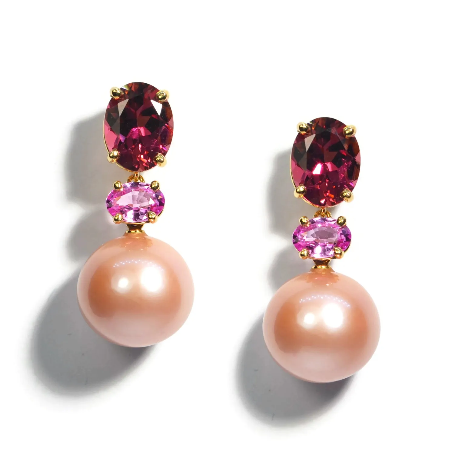 A & Furst - Bonbon - Drop Earrings with Pink Tourmaline, Pink Sapphires and Pink Pearls, 18k Yellow Gold