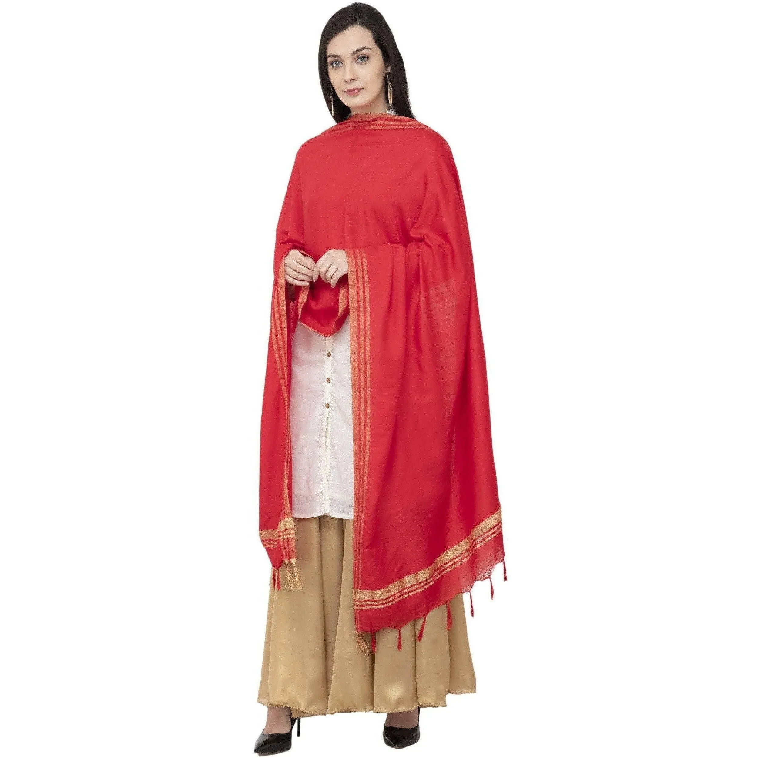 A R Silk Golden Border Regular Dupatta Red Color Dupatta or Chunni