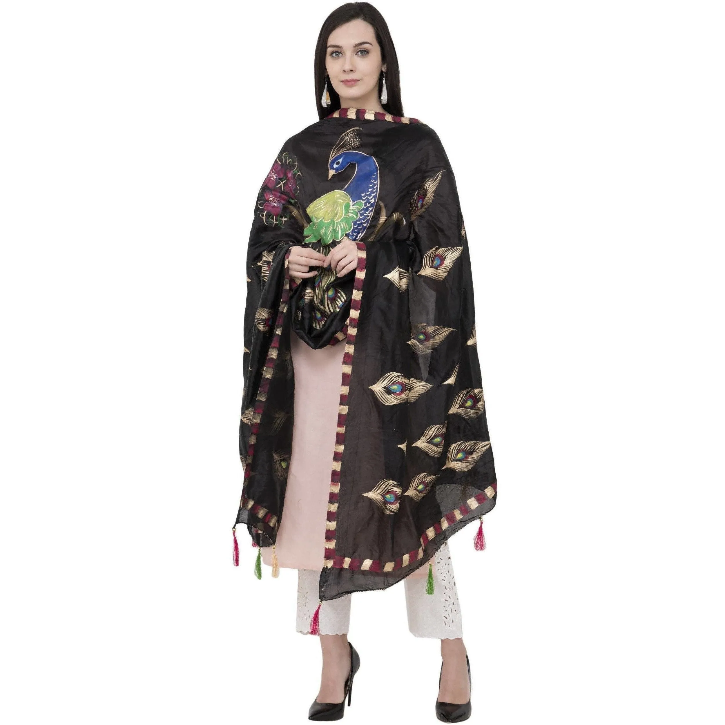 A R Silk Silk Peacock Multi Fancy Dupatta Color Black Dupatta or Chunni