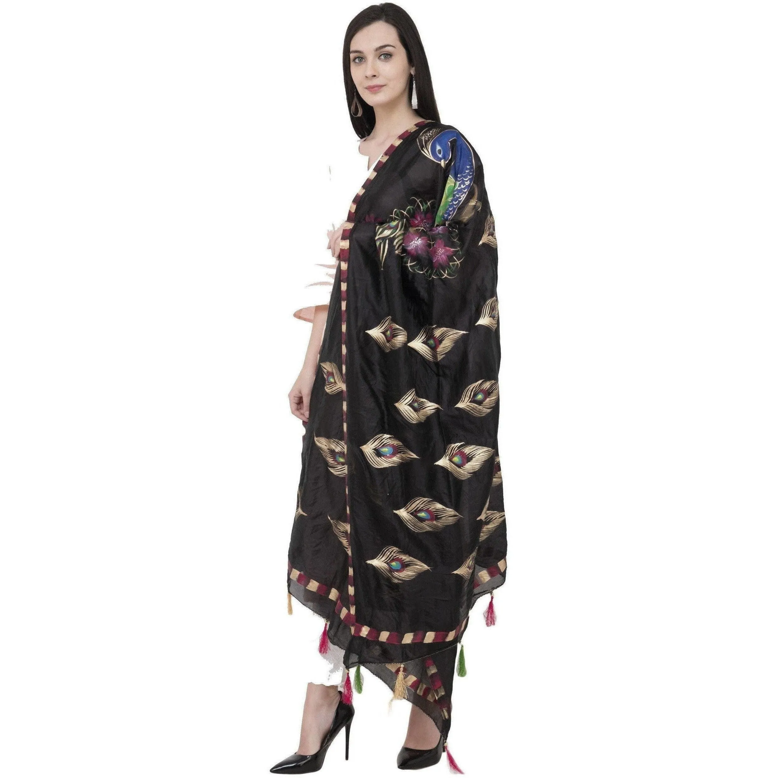 A R Silk Silk Peacock Multi Fancy Dupatta Color Black Dupatta or Chunni