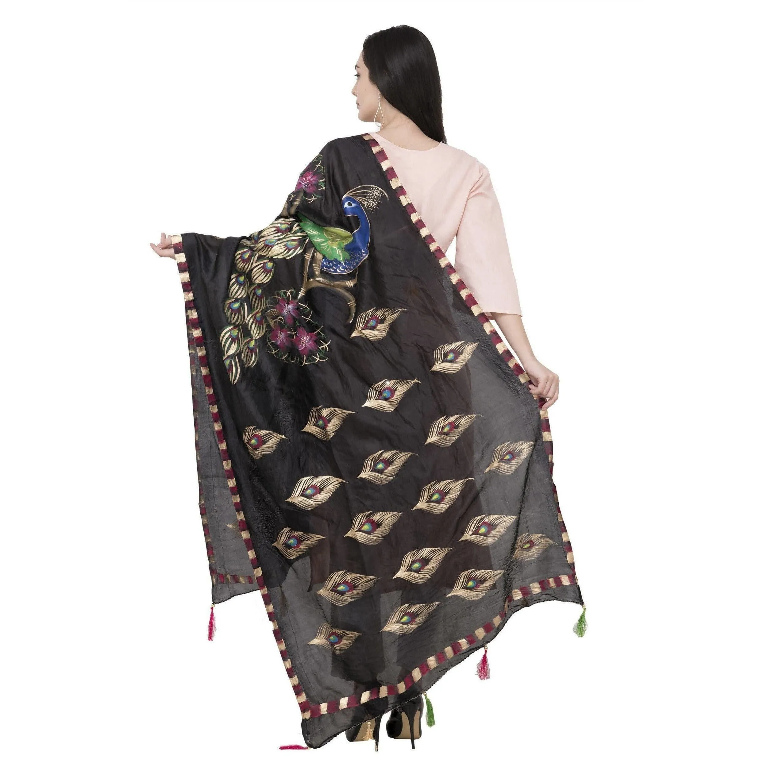 A R Silk Silk Peacock Multi Fancy Dupatta Color Black Dupatta or Chunni