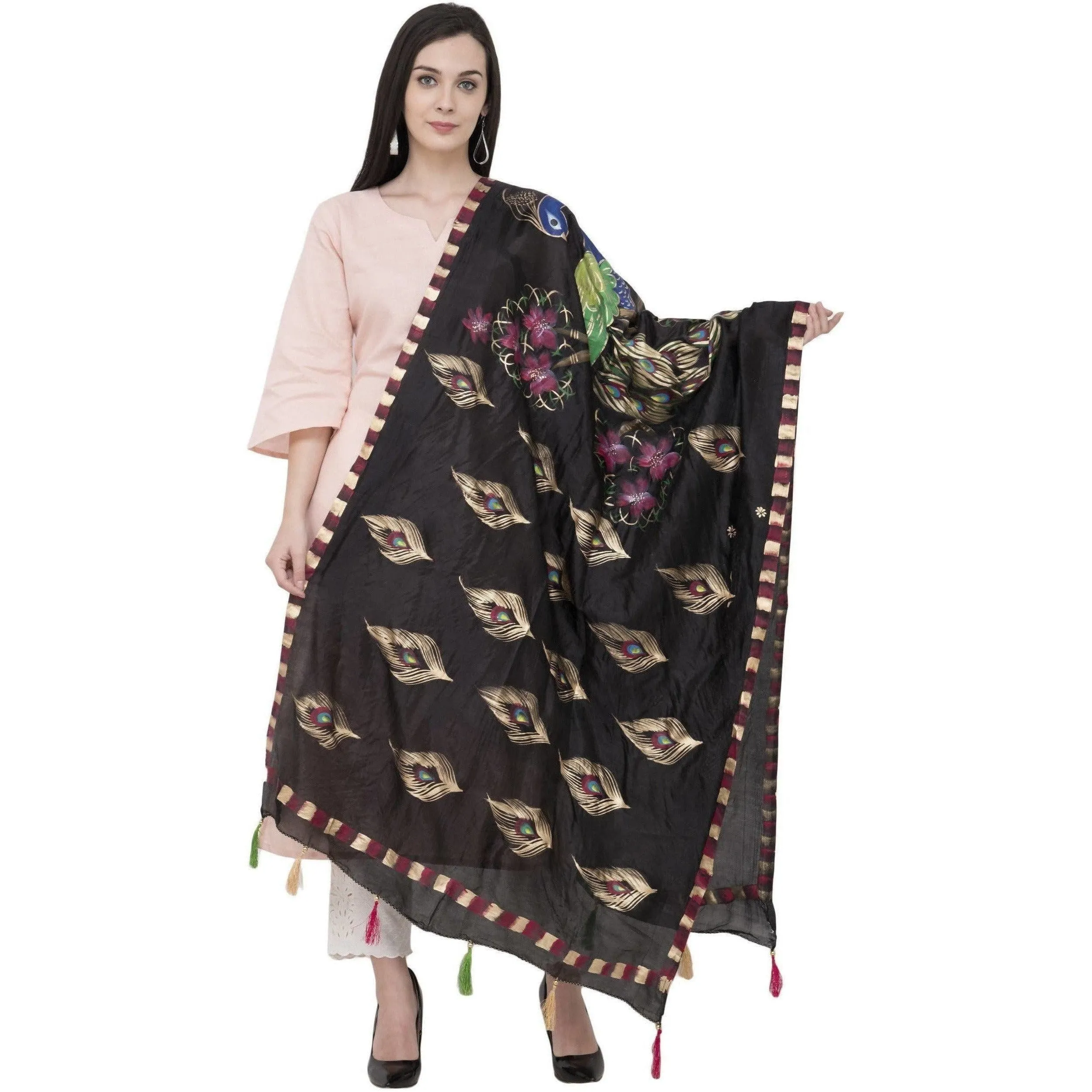 A R Silk Silk Peacock Multi Fancy Dupatta Color Black Dupatta or Chunni