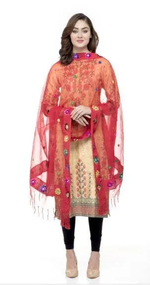 A R Silk Women's Orgenza Cotton Thread Work Red Fancy Dupatta