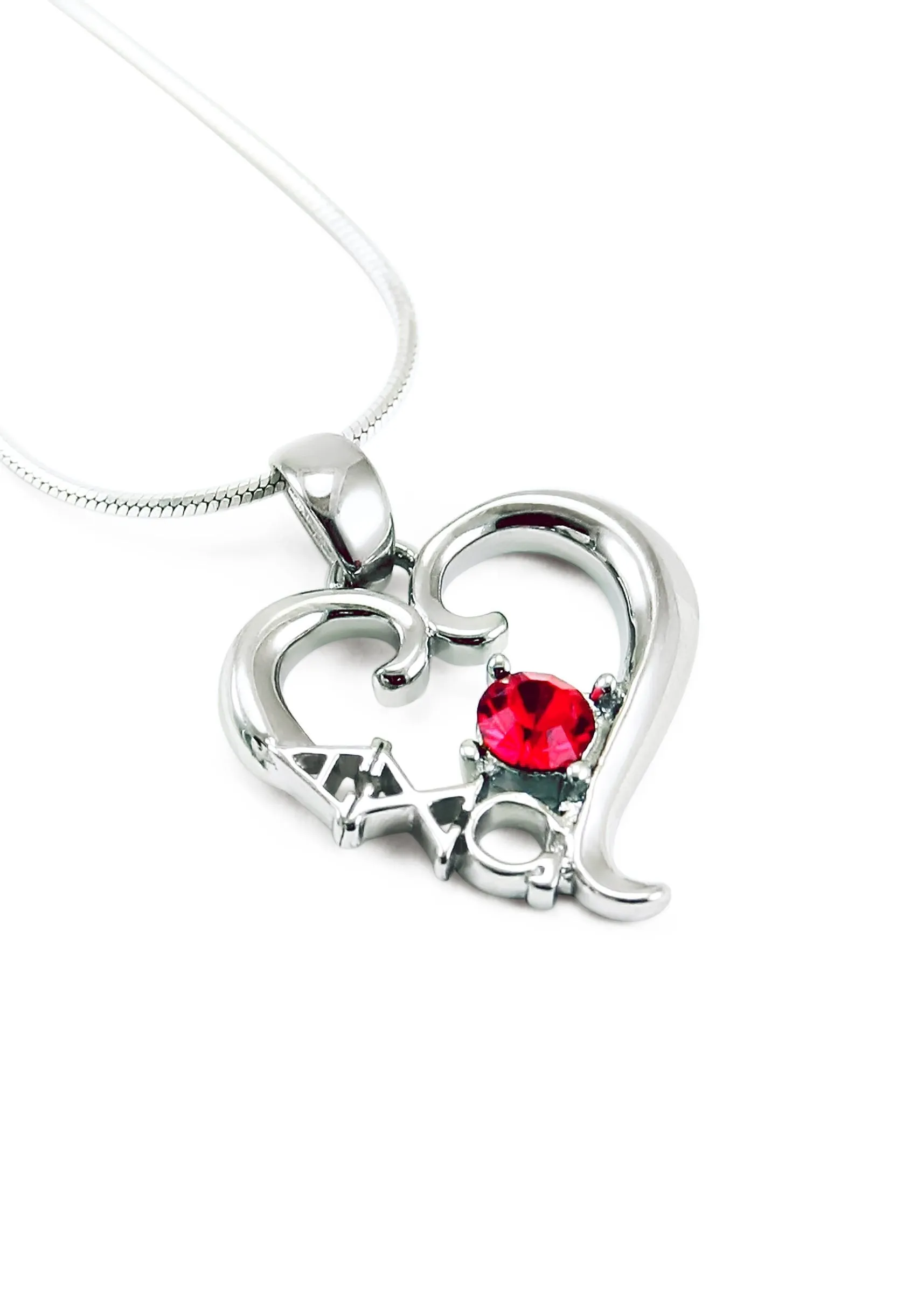 Alpha Chi Omega Sterling Silver Heart Pendant with Red CZ Crystal