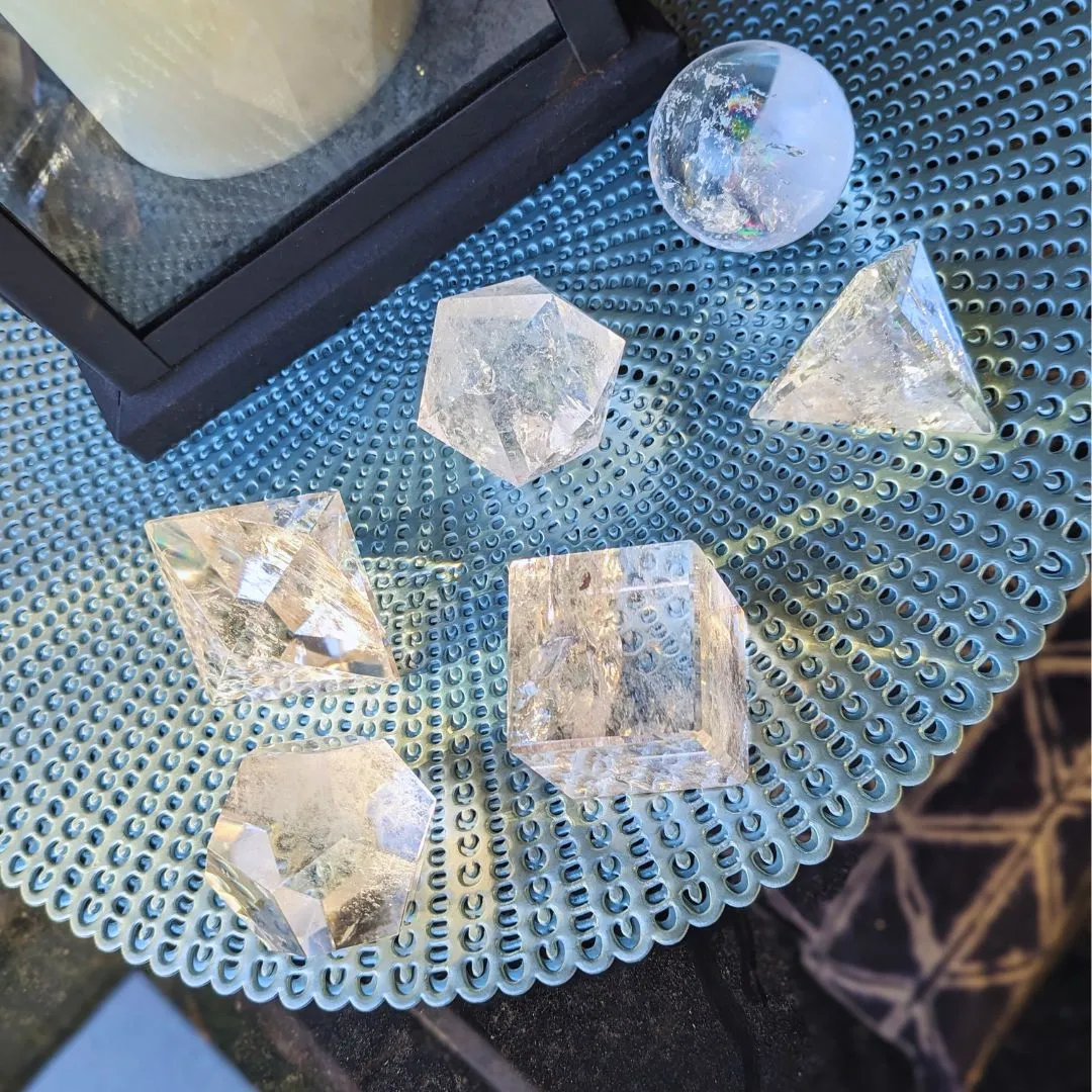 Amazing Clarity Natural Brazilian Quartz Platonic Solids 6 piece Set ~Tucson Exclusive Large Carved Sacred Geometry Set Clear Quartz from Brazil