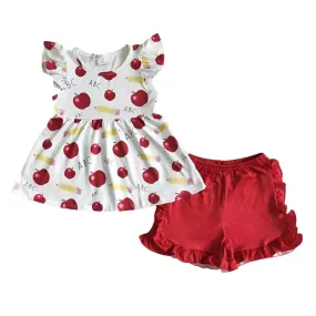 Apples on White Ruffle Sleeveless Top   Red Shorts Set