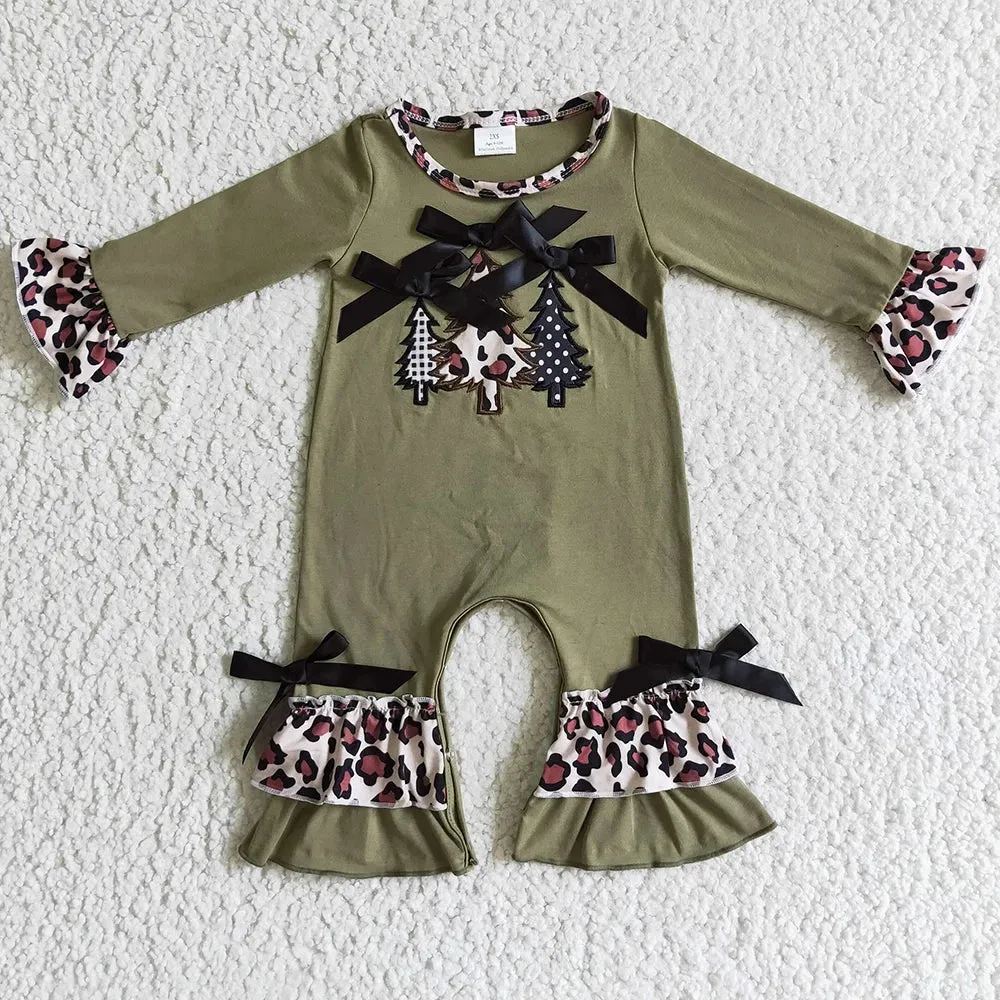 Baby Applique Romper - Christmas - Western Trees Leopard Girls