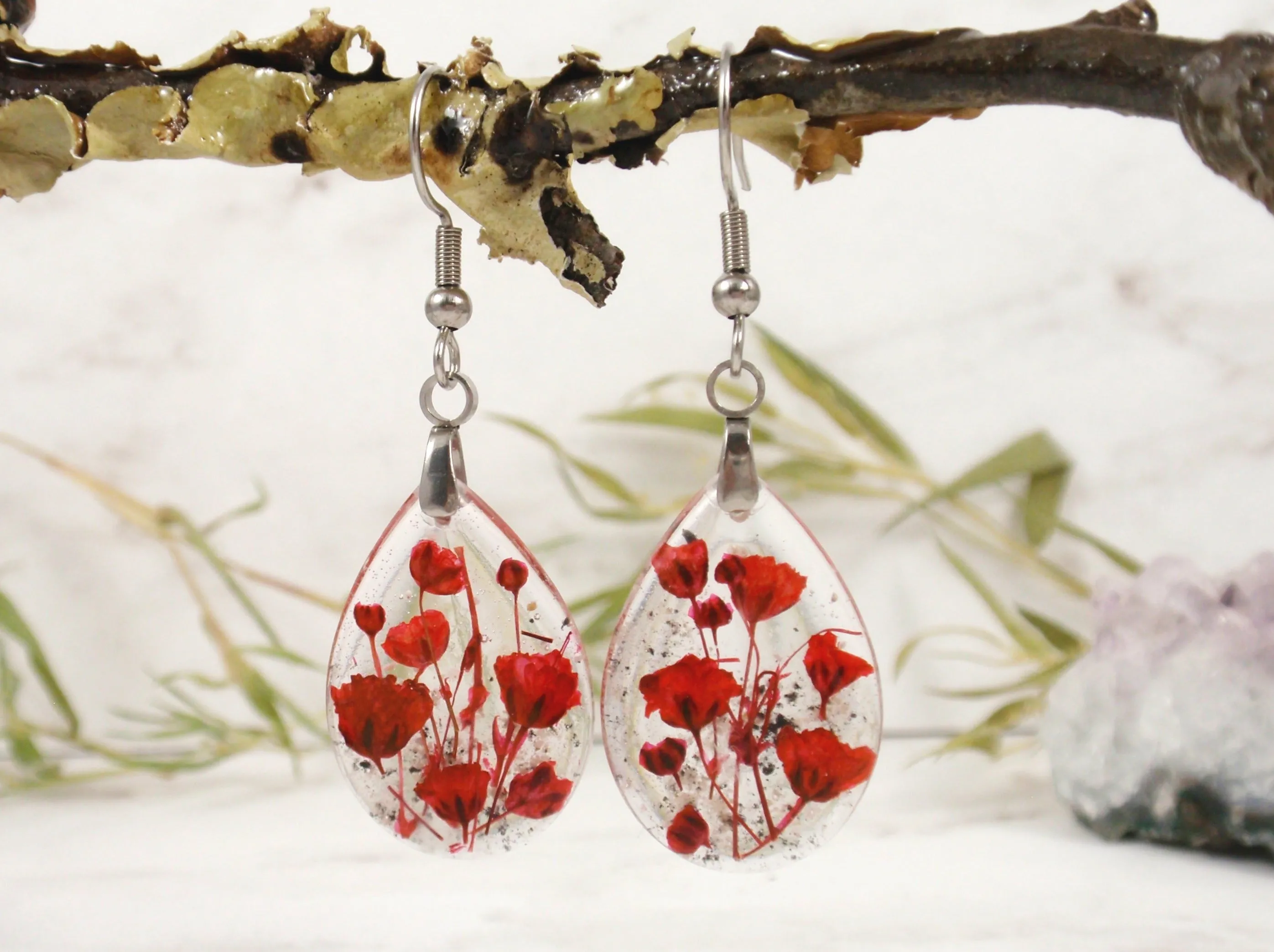 Baby's Breath Teardrop Earrings with Cremation Ash