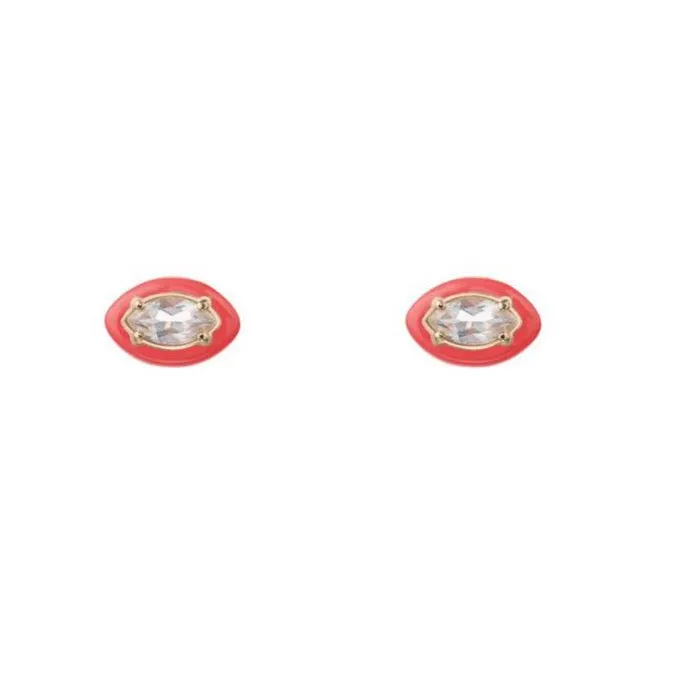 Bea Bongiasca - Marquise Stud Earrings with Rock Crystal and Red Enamel, Yellow Gold and Silver