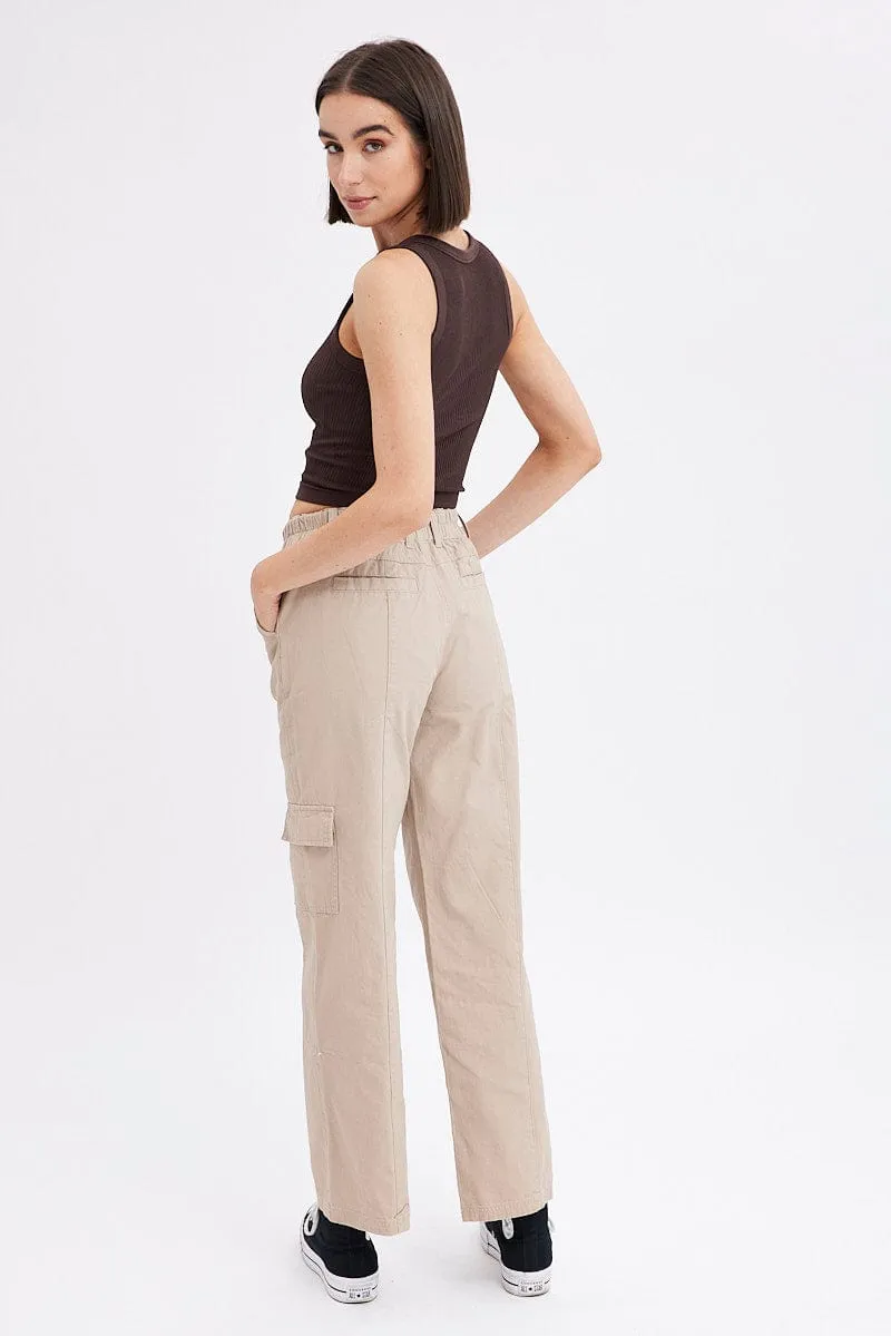 Beige Cargo Pants Mid Rise