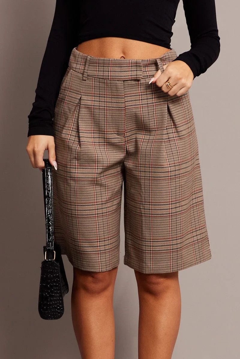 Beige Check Longline Shorts Mid Rise