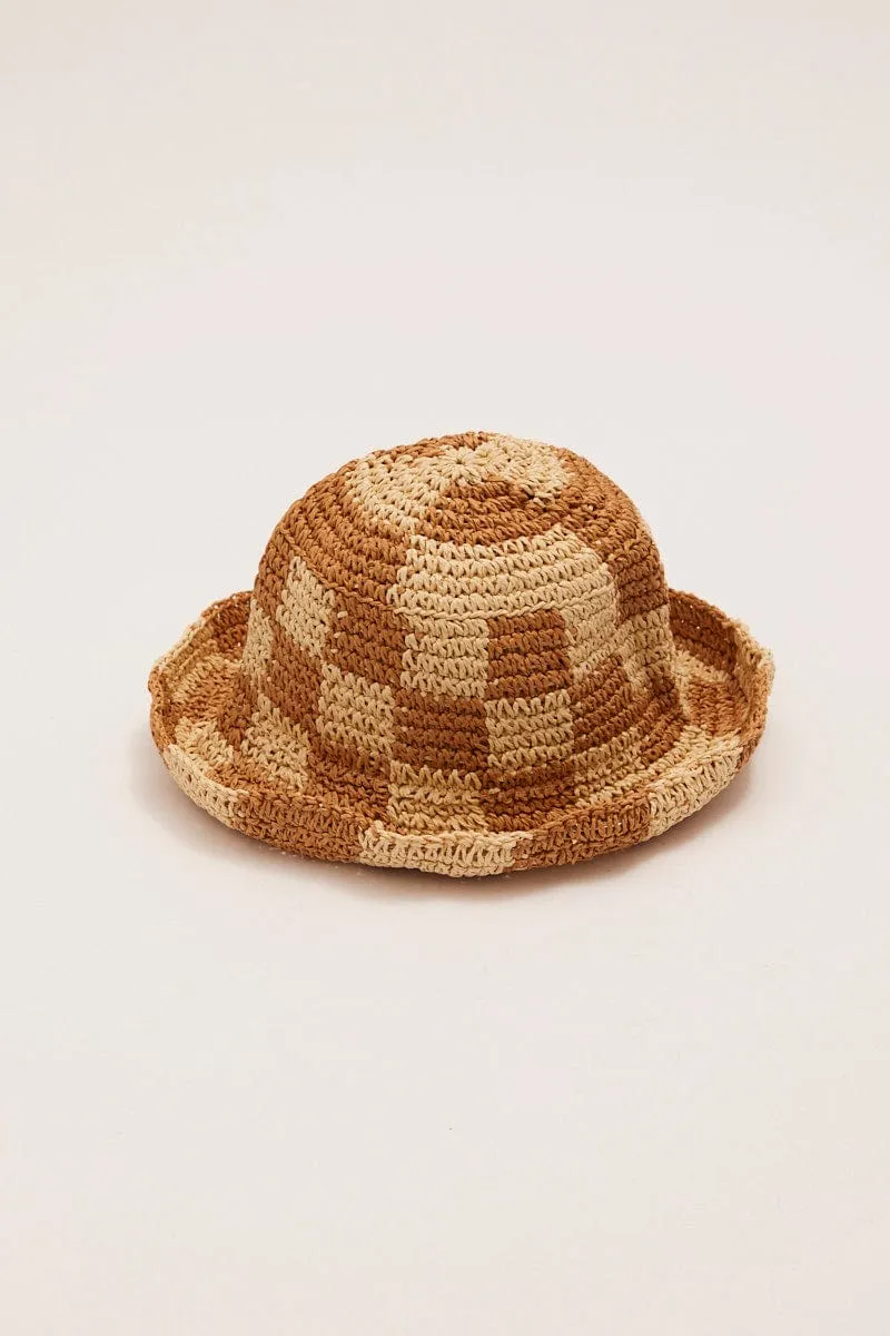 Beige Check Straw Bucket Hat