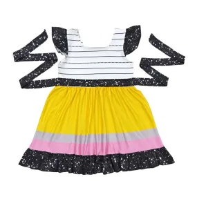 Black & White Patchwork Ruffle Sleeveless Tie Dress