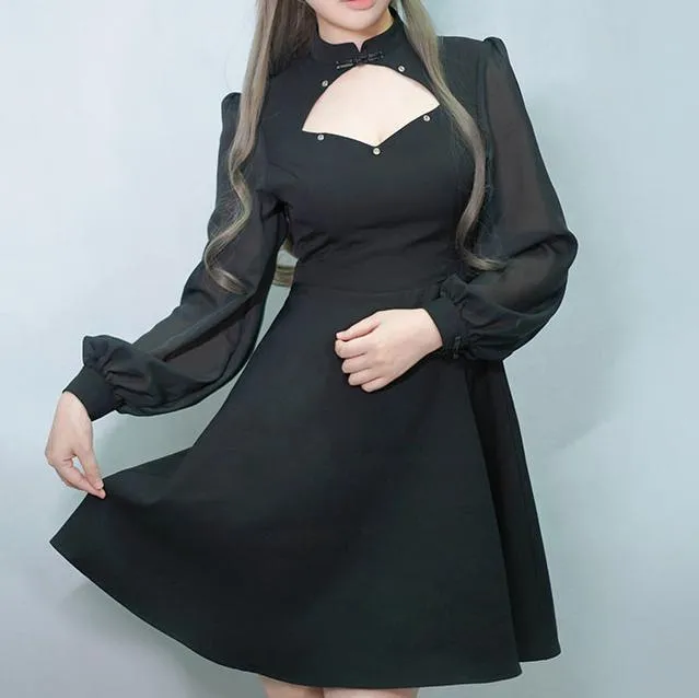 Black See through lantern Sleeve Pentagram Open Chest Dress SD00346