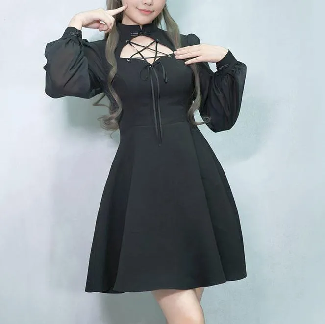 Black See through lantern Sleeve Pentagram Open Chest Dress SD00346