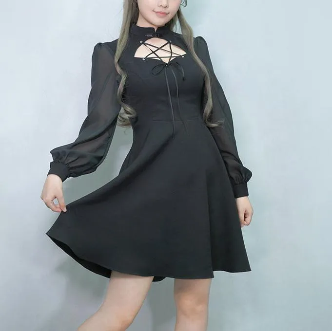 Black See through lantern Sleeve Pentagram Open Chest Dress SD00346