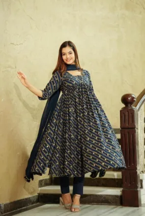 Blue Alia Pattern Leheriya Print Salwar Suit Set