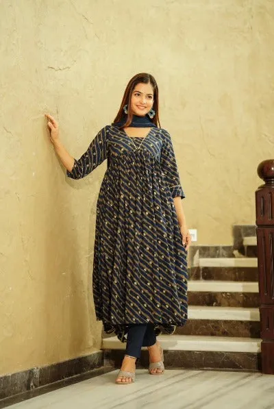 Blue Alia Pattern Leheriya Print Salwar Suit Set