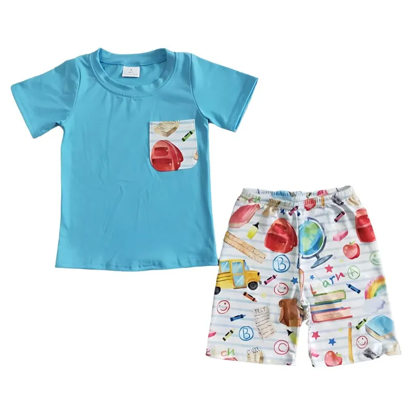 Blue Short Sleeve Shirt & Stripe School Theme Shorts