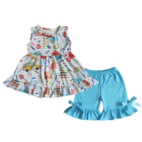 Blue Stripe Ruffle Sleeveless School Theme Top & Blue Shorts