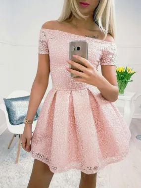 Blush Pink Off Shoulder Lace Homecoming Dresses,BD0172