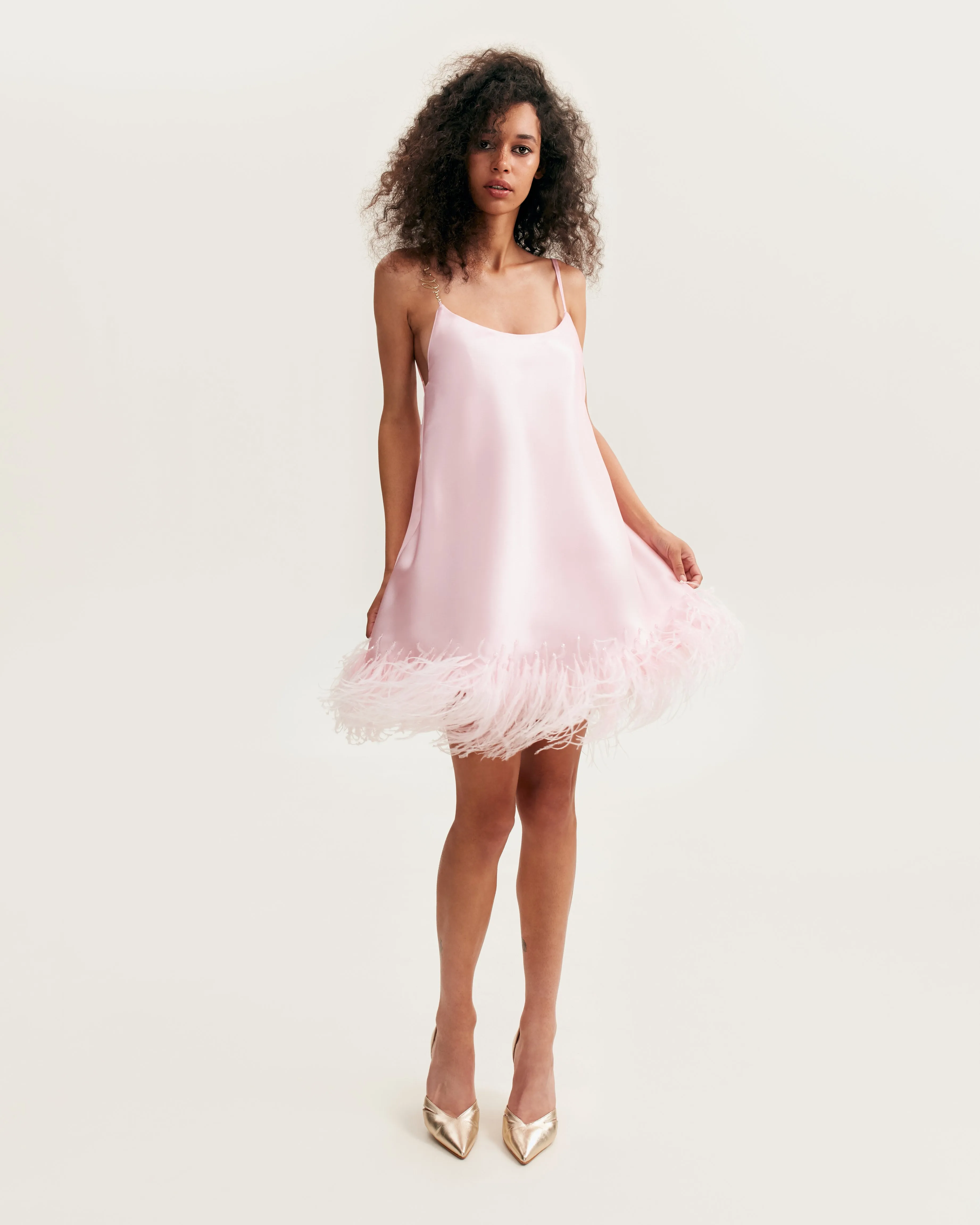 Bohemian pink feather-trimmed slip mini dress, Xo Xo