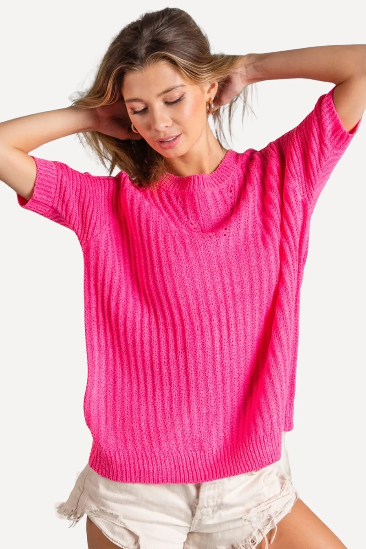 Bright Pink Short Sleeve Knit Top