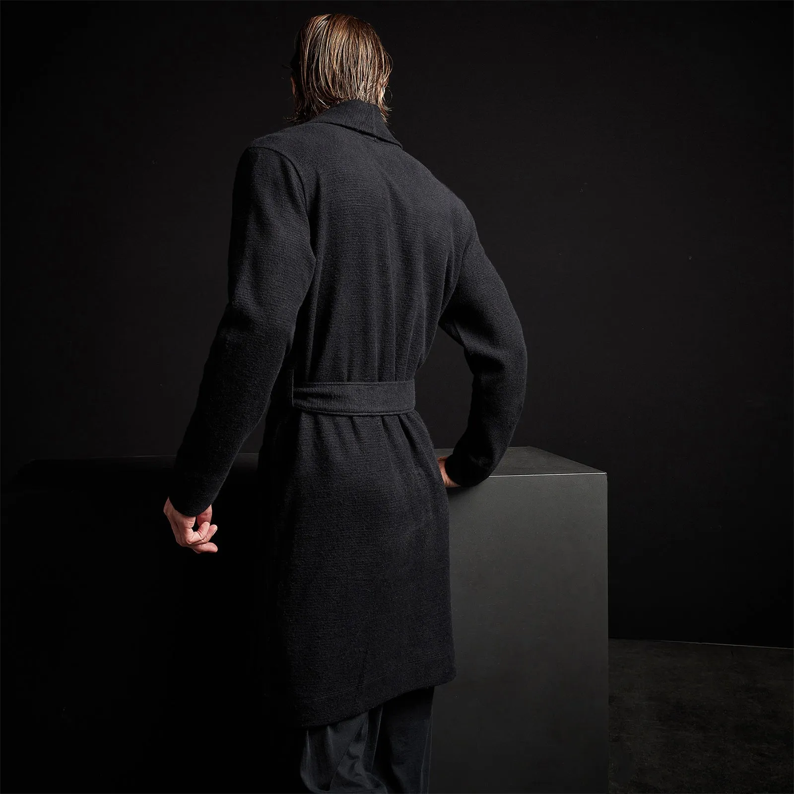 Brushed Thermal Knit Hooded Robe - Black