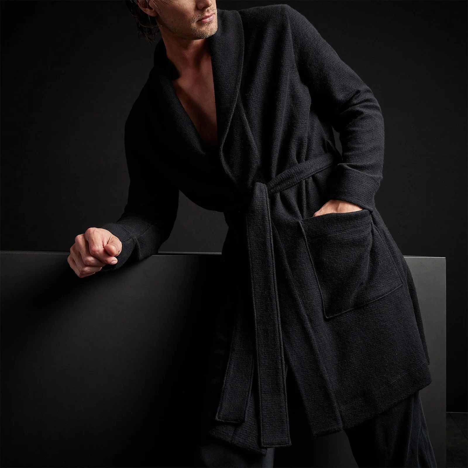 Brushed Thermal Knit Hooded Robe - Black