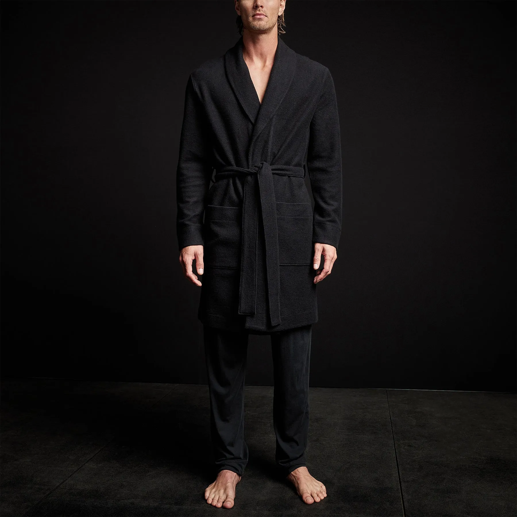 Brushed Thermal Knit Hooded Robe - Black