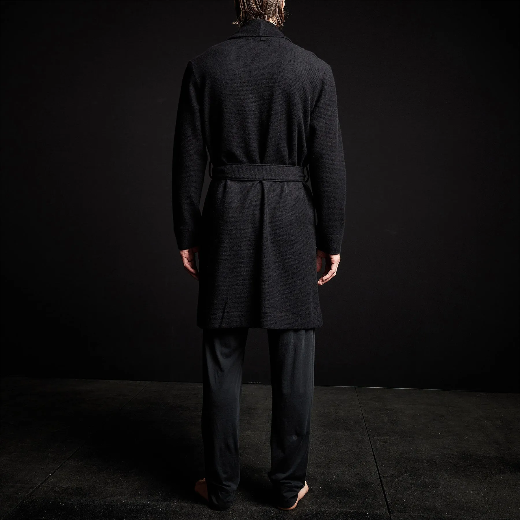 Brushed Thermal Knit Hooded Robe - Black