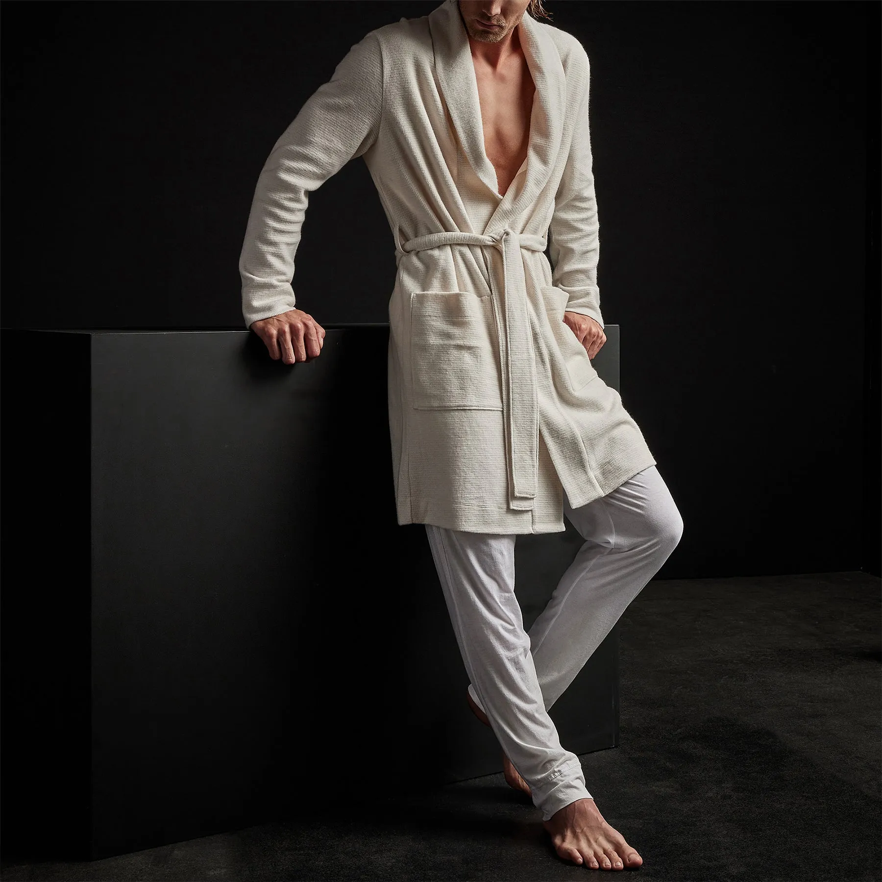 Brushed Thermal Knit Hooded Robe - Oyster