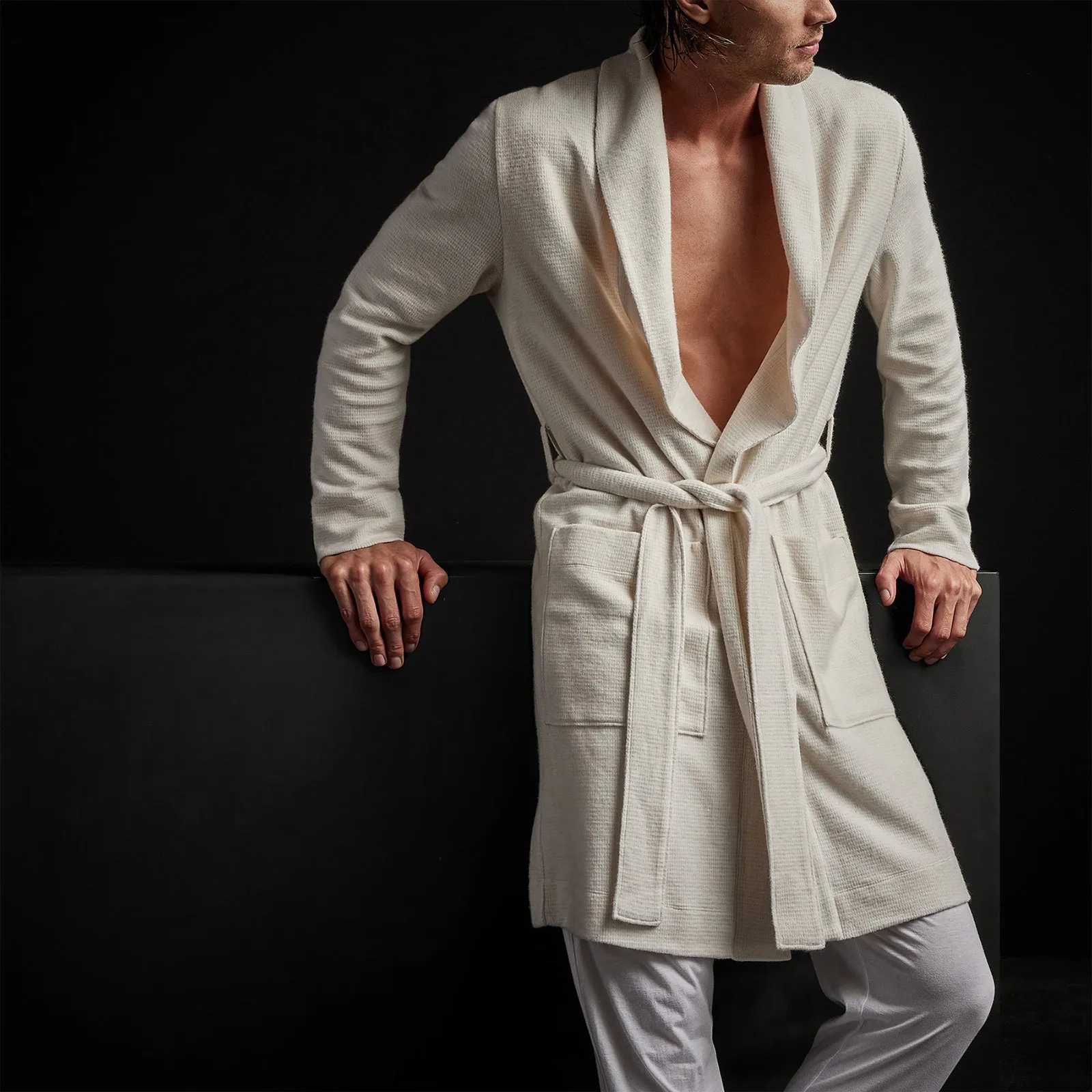 Brushed Thermal Knit Hooded Robe - Oyster