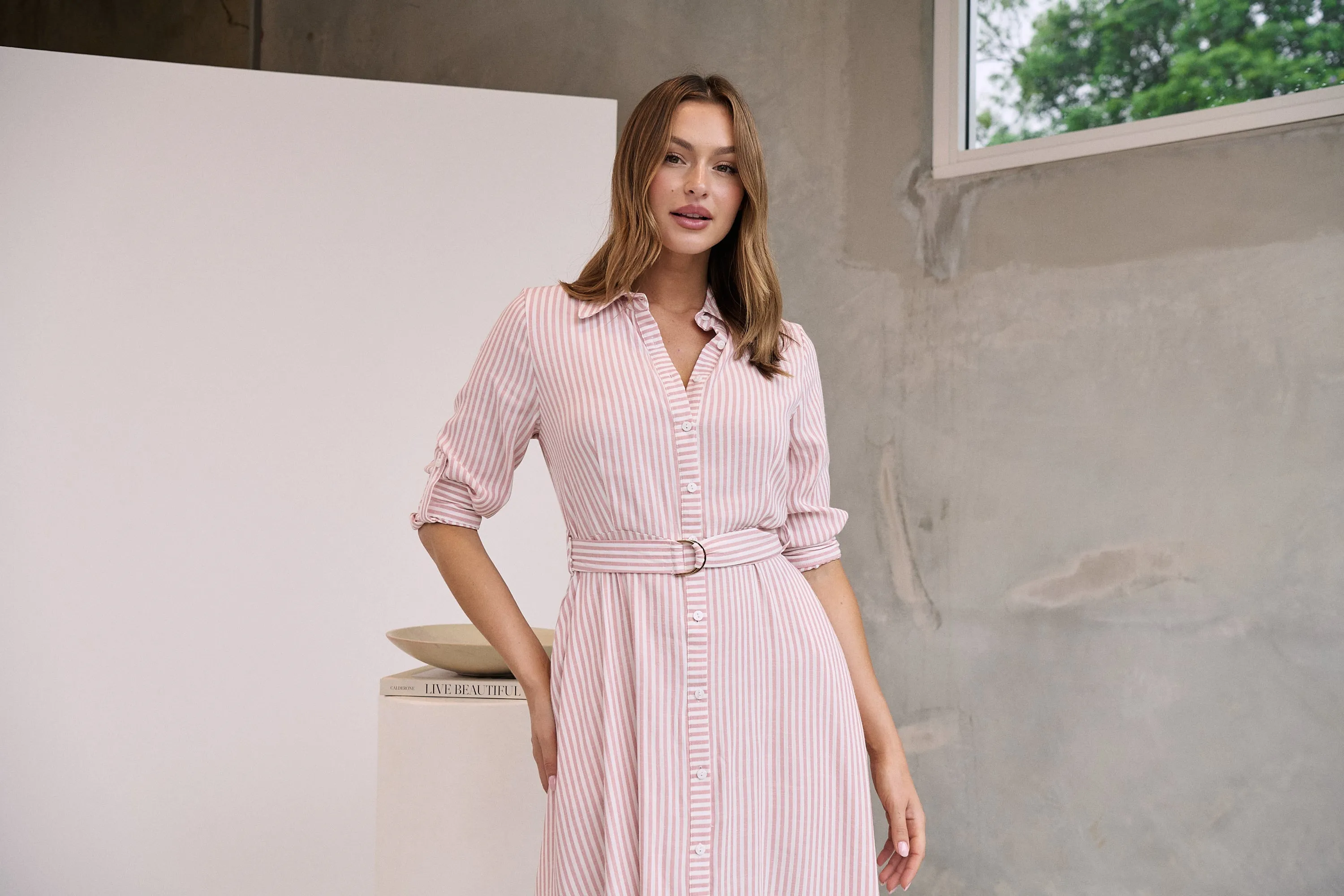 Carly White/Pink Stripe Collared Tie Waist Button Midi Dress