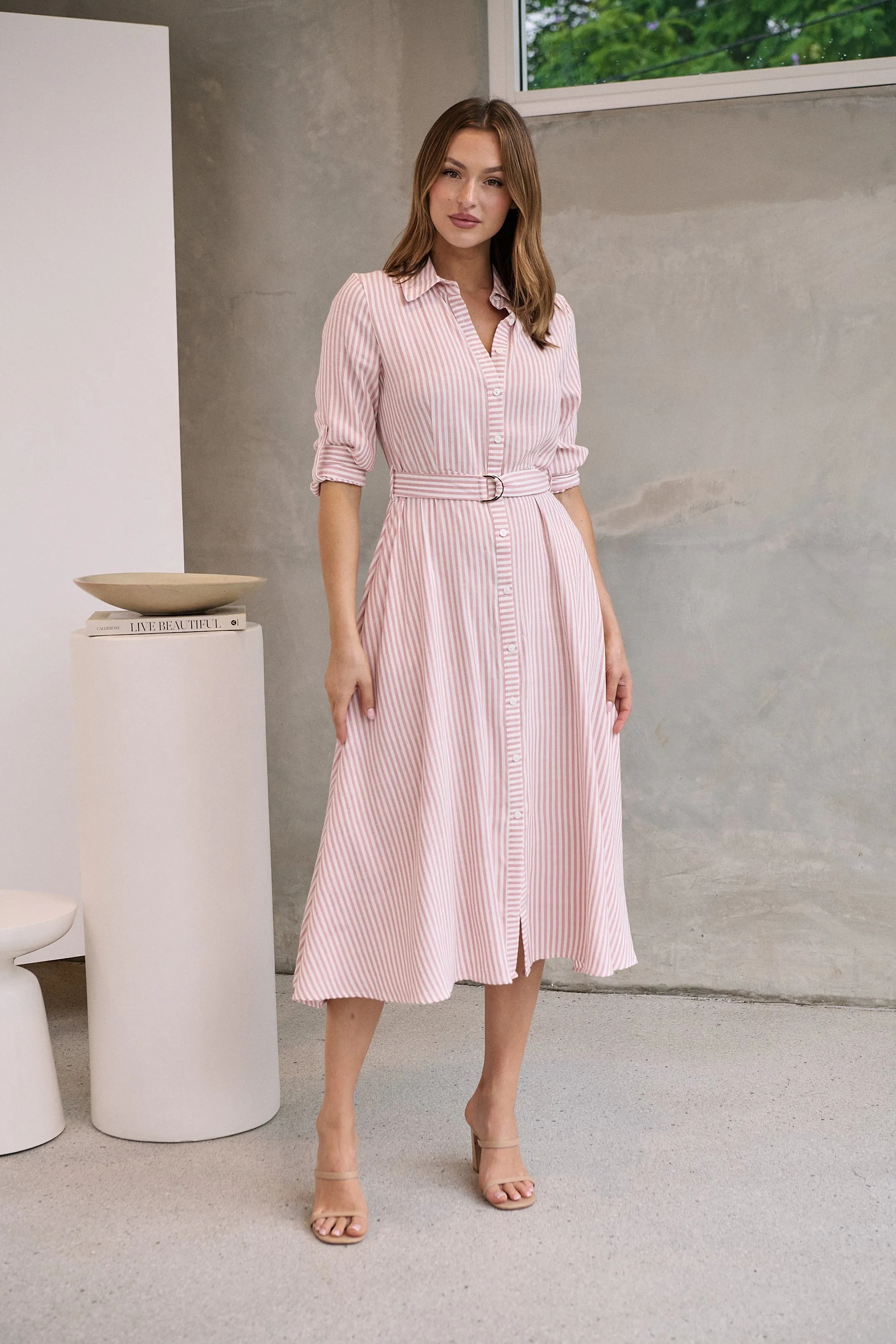 Carly White/Pink Stripe Collared Tie Waist Button Midi Dress