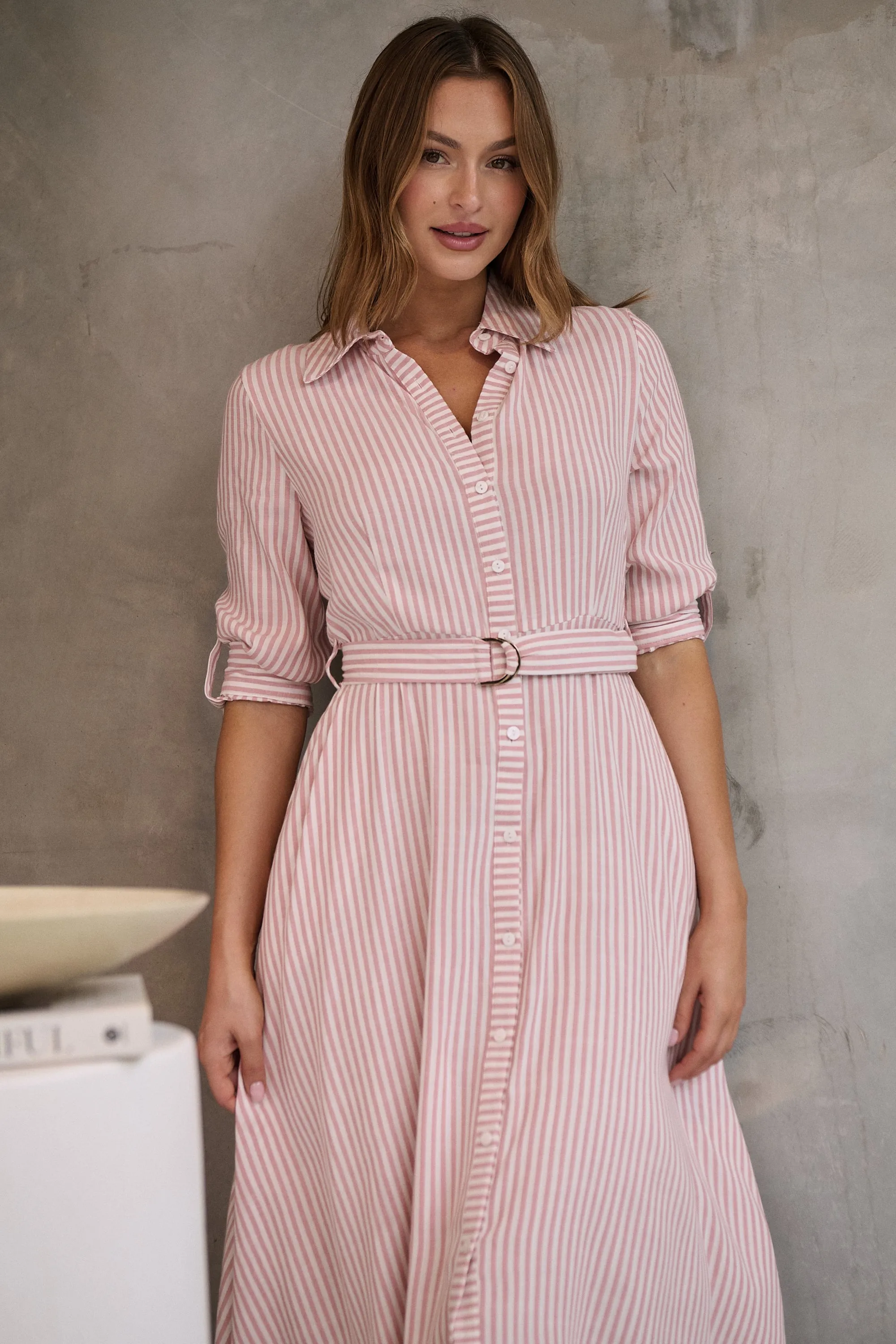 Carly White/Pink Stripe Collared Tie Waist Button Midi Dress