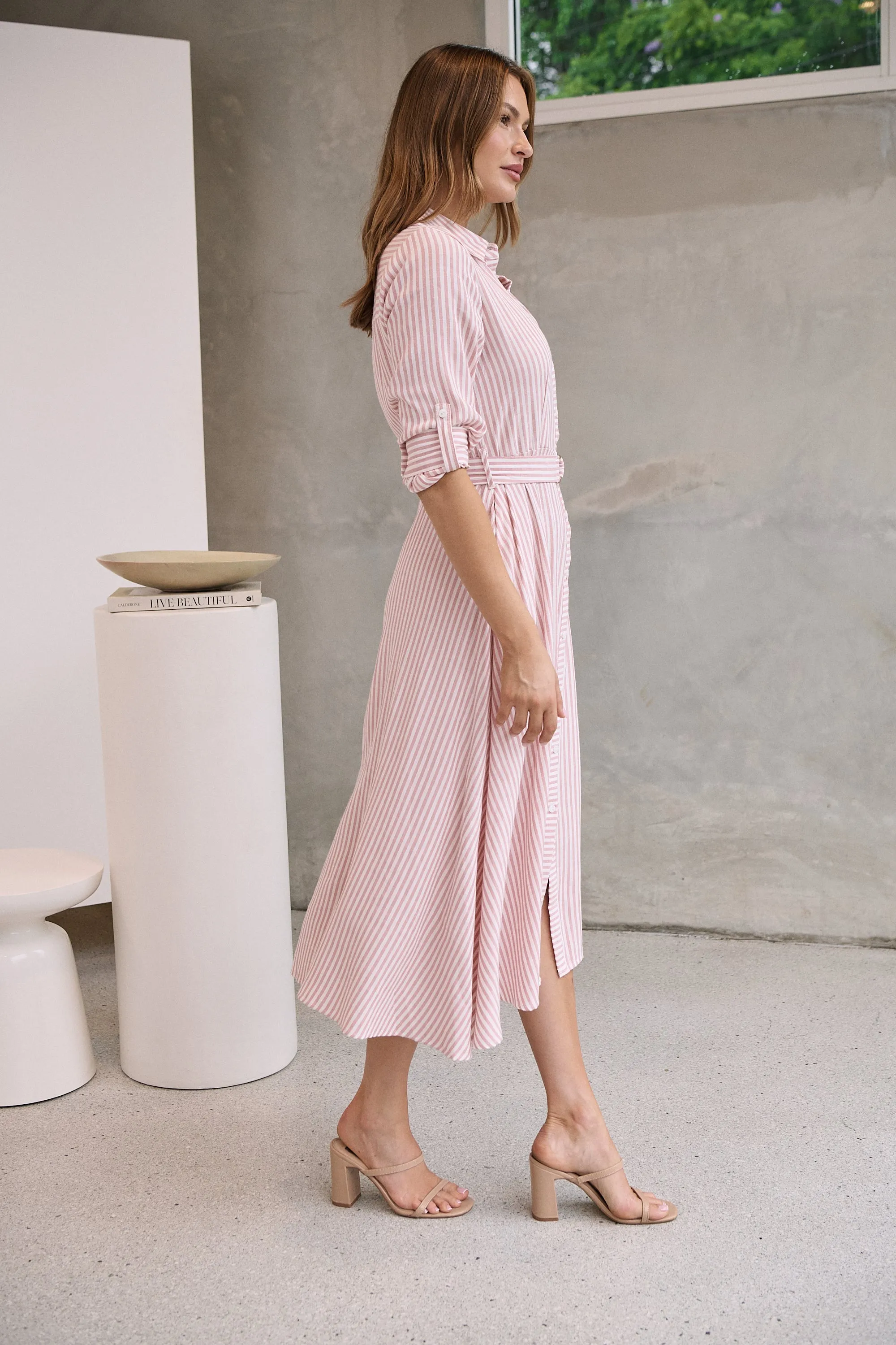 Carly White/Pink Stripe Collared Tie Waist Button Midi Dress