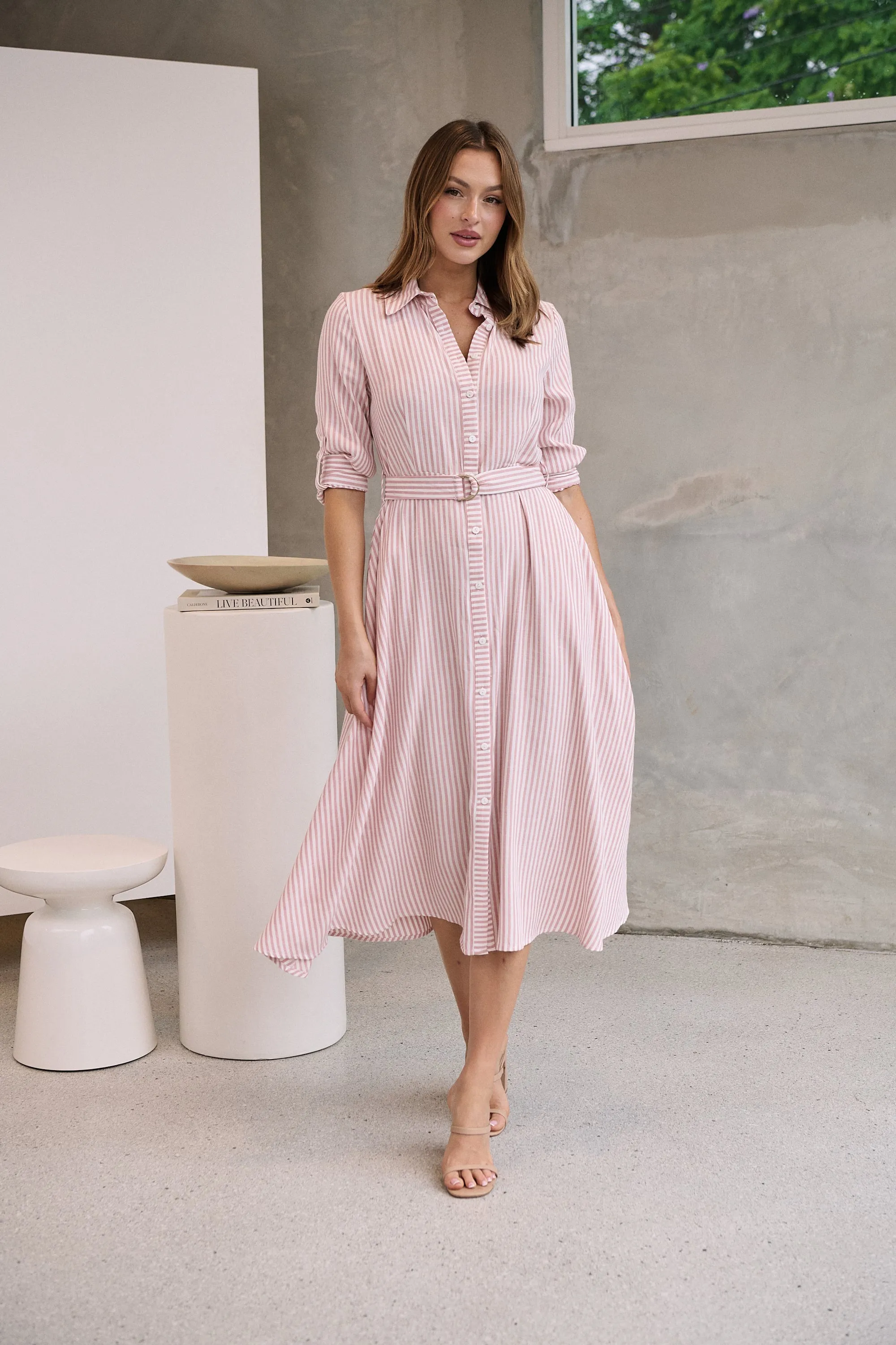 Carly White/Pink Stripe Collared Tie Waist Button Midi Dress