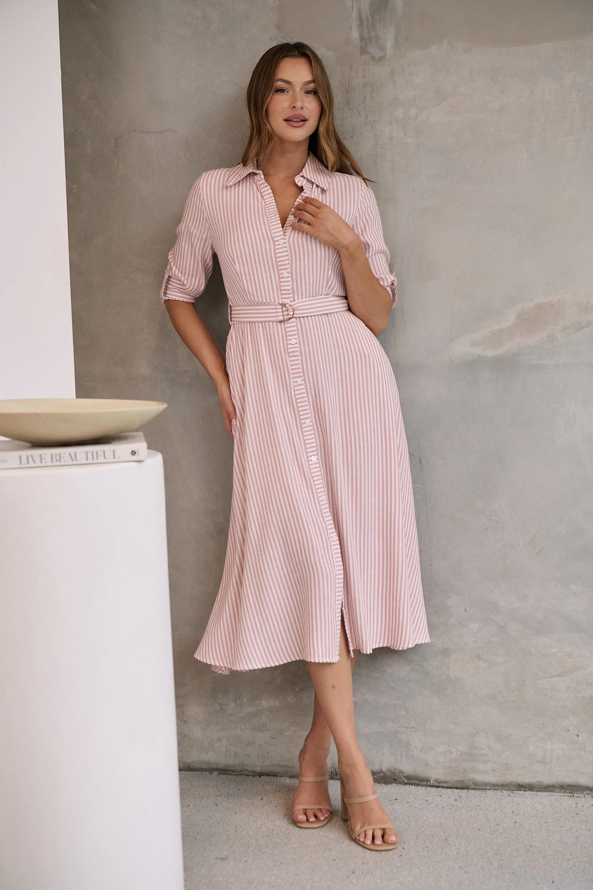 Carly White/Pink Stripe Collared Tie Waist Button Midi Dress